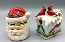 2 Christmas Ceramic Hinged Trinket Box Santa Mailbox Cardinals picture