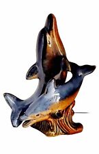 Vintage Glazed Marine Ocean Blue Synchronizing Dolphins Ceramic Sculpture 7in picture