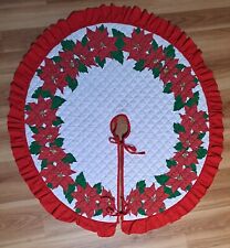 Vintage 1990's Poinsettia Quilted Christmas Tree Skirt With Ruffled Edge picture