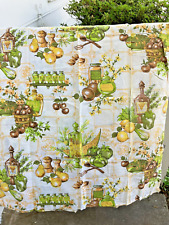 Vintage 1950s Kitchen Cafe Curtain GreenYellow Print Cotton Handmade  2  panels picture