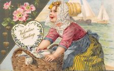 Valentine~Dutch Girl on DockFish Basket~Sailboats~White Heart~Olive Green~Winsch picture