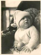 1950s Amazing Close Up Baby with Ball Knit Pom Pom Hat Portrait Vtg B&W Photo picture