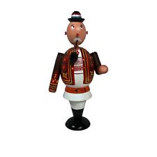 ROMANIAN Man Figurine In Traditional Folk Costume Wood Hand Carved Smoking Pipe picture