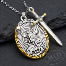 Saint St Michael Pendant Necklace, Oval Silver-Gold, Sword Charm, Ephesians 6:10 picture