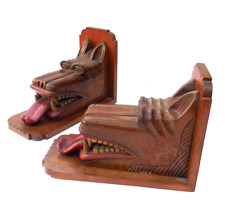 Awesome PAIR of Art Deco Hand Carved Polychromed WOLF BOOKENDS Holland c1930 OLD picture