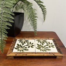 Vintage Green and Yellow Floral Pattern Ceramic Tile and Wood Trivet picture