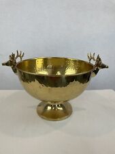 Vintage Brass Round Pedestal Bowl Deer Buck Stag Reindeer Head Antlers Handles picture