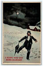 c1910's Drunk Man Footsteps Umbrella Winter Bamforth Unposted Antique Postcard picture