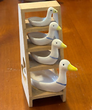 Vintage Porcelain Duck Measuring Spoons with Wooden Stand Unique Find picture