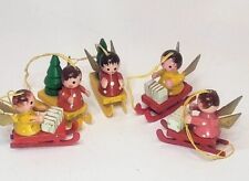 Vtg Wood Mini Feather Tree Ornaments Set Of 5 Angels On Sleds Crafting 2