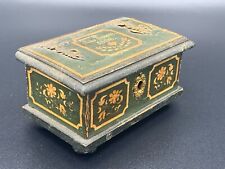 c.1910's Old Miniature Wooden Blanket Chest Trinket Box Hinged Lid Brass Hearts picture