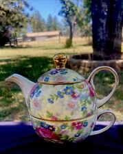 5”in Beautiful Ganz Floral Chintz all in one tea pot&cup. Gold Trim picture