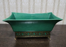 Vintage MCM Green  Ceramic Planter With Brass Stand picture