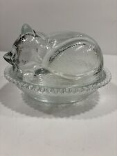 Vintage INDIANA GLASS Sleeping Cat on a Nest Clear Covered Candy Trinket Dish  picture