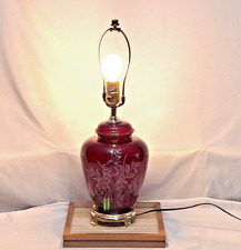 Vintage 80's Large Lamp Red Wine Etched Daffodils White Gold Trim Translucent picture