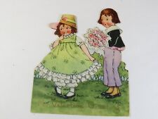 Vintage Valentine Card Die Cut 1930s Girl Boy Holding Flower Bouquet C7570 picture