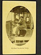 1910 Antique Postcard Romance Couple Riding On Back Of Trolley B8057 picture