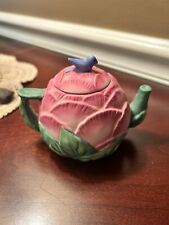 Avon Tea Pot Vintage Mini Ceramic  1995 Peony Blue Bird Tiny Seasons Harvest picture