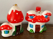 2 Vntg Blow Mold MUSHROOM HOUSE Christmas Ornaments Delta Novelty Co.  picture