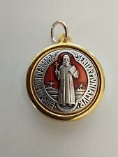 Catholic Silver & Gold Tone Red Enamel St Benedict Medal picture