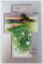 Vintage Easter Postcard Easter Joys Cross Country Scene Lilies Embossed 1914 picture