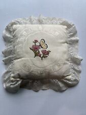 Vintage Small Pillow Hand Embroidered Butterfly Floral Lace Cottage picture