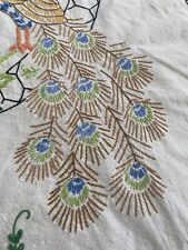 vtg handmade fringe quilt embroidered double peacock & flowers 84