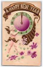 Malone New York NY Postcard New Year Angel Cornucopia Flowers Clock Airbrushed picture