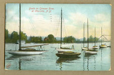 OLD POSTCARD BOATS ON GENESEE RIVER AT CHARLOTTE NY 1907 SAIL WATER RR BRIDGE picture