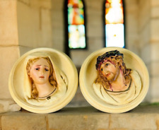 VTG 3d Chalkware plaster pair Mary & Jesus wall plaques picture