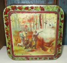 RARE ANTIQUE HUNTLEY & PALMERS EMBOSSED LITHOGRAPH HUNTING SCENES BISCUIT TIN picture