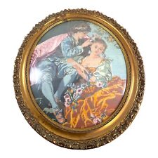 Large Courting Couple Gold Gilt Frame Needlepoint Oval Wall Hanging 24X28 VTG picture