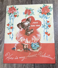 Vintage Valentine Here's My Heart Dancing Dog in Tutu 1930s Golden Bell Cards picture