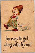 Clown Dressed Child & Dog HUMOR I'm Easy to Get Along With Antique Postcard B22 picture