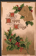 Postcard Embossed Christmas Card Holly Gold Bells Emporia KS flag cancel  1911 picture