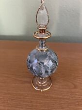 Vintage Egyptian Etched Glass Perfume Bottle Iridescent Teal With Gold Stopper picture