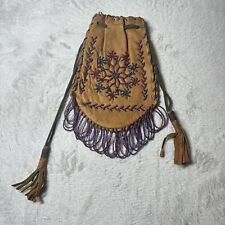 Native American Beaded Leather Medicine Bag Style Brown Floral  Pink Blue Pipe picture
