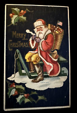 Patriotic ~Santa Claus~Yellow Pants on Sled~Flag~Antique Christmas Postcard~h976 picture