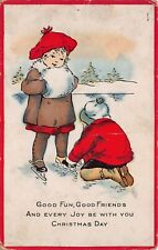 Antique Vtg Christmas New Year Greeting Postcard Victorian Children Snow N10 picture