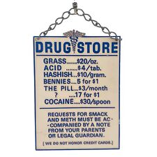 Vintage Humor Drug Store 3-D Hanging Sign Medicine Caduceus Grass Acid Funny  picture