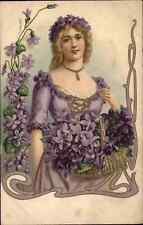 Beautiful Blonde Woman Purple Dress Flowers c1910 Vintage Postcard picture