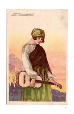 ARTIST MAUZAN ART DECO IMAGE, WOMANA IN GREEN SKIRT WITH GUITAR ~ used 1922 picture