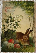 An Easter Greeting Brown Rabbit bunny colored eggs postcard picture