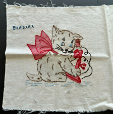 Vintage Hand Embroidered Cat Kitten quilt piece pillow top ca. 1930's picture