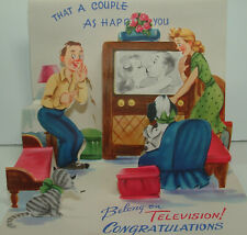UNUSED - Lg. Pop-up - Couple on TV, Dog, Cat, Comic - 1950's Anniversary Card picture