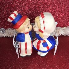Vtg Lefton 4th Of July Uncle Sam & Betsy Ross Kissing On Bench Figurines Japan picture