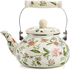 2.6 Quart Vintage Enamel Tea Kettle Green Floral Enamel on Steel Teapot New picture