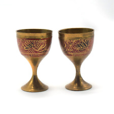 Pair of Vintage Solid Brass Red Floral Design Miniature 1 oz Goblets/Shot Glass picture