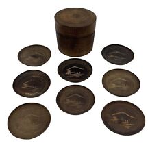 Vintage Hand Carved Coconut Wood Carved Round Box With Lid And 8 Coasters picture
