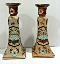 Pair Chinese Porcelain Candlestick Holders Hand Painted Macau China 8.5 In. Tall picture